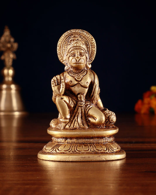 Pure Brass Miniature Hanuman Ji Idol in Blessing Mudra 3" - Budhshiv.com