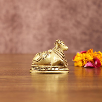 Pure Brass Miniature Nandi Idol | 2.2 - inch, 260 gm - Budhshiv.com