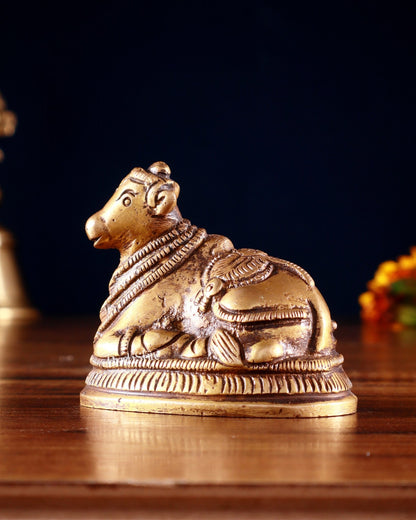 Pure Brass Miniature Nandi Idol | 2.2 - inch antique tone - Budhshiv.com