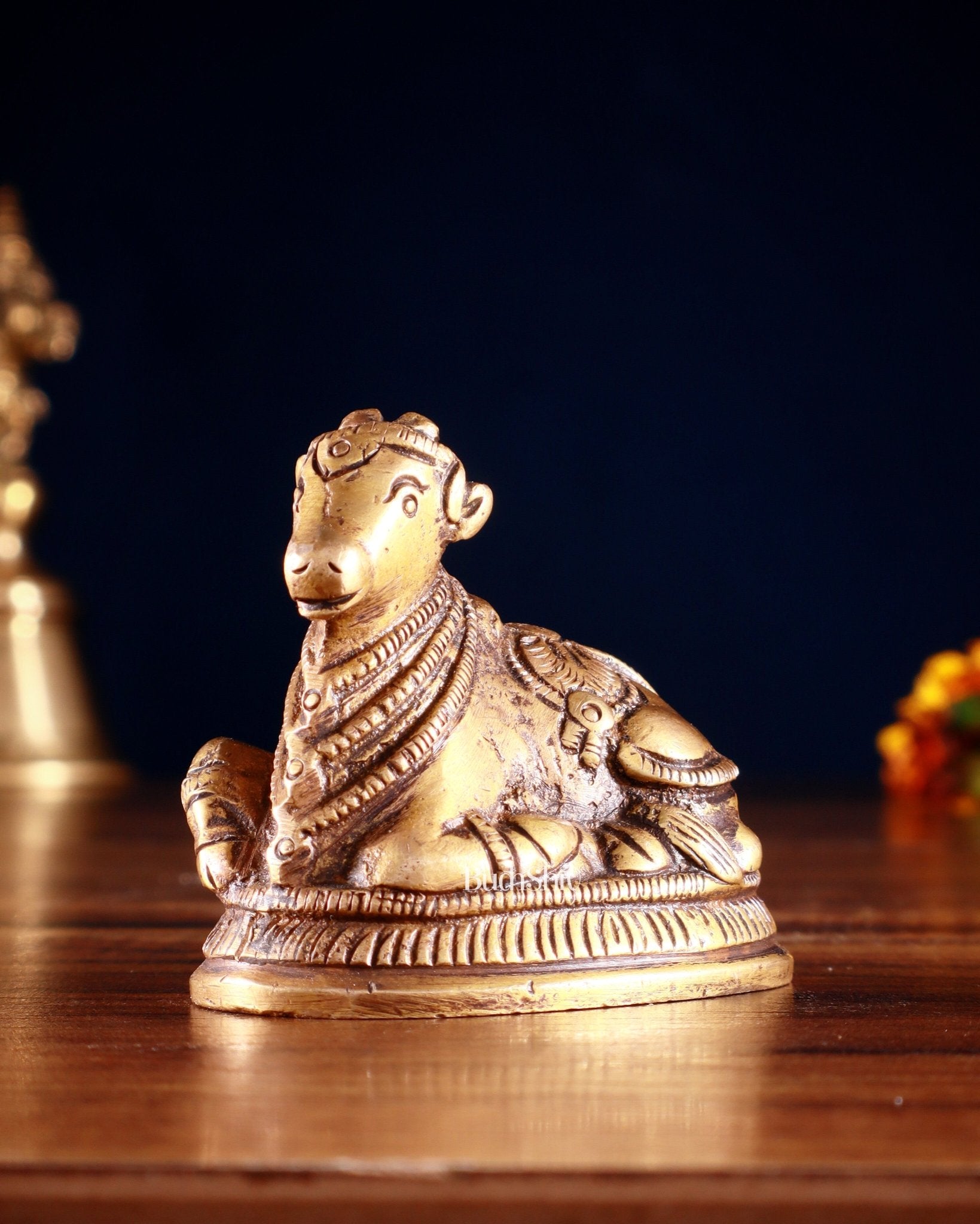 Pure Brass Miniature Nandi Idol | 2.2 - inch antique tone - Budhshiv.com