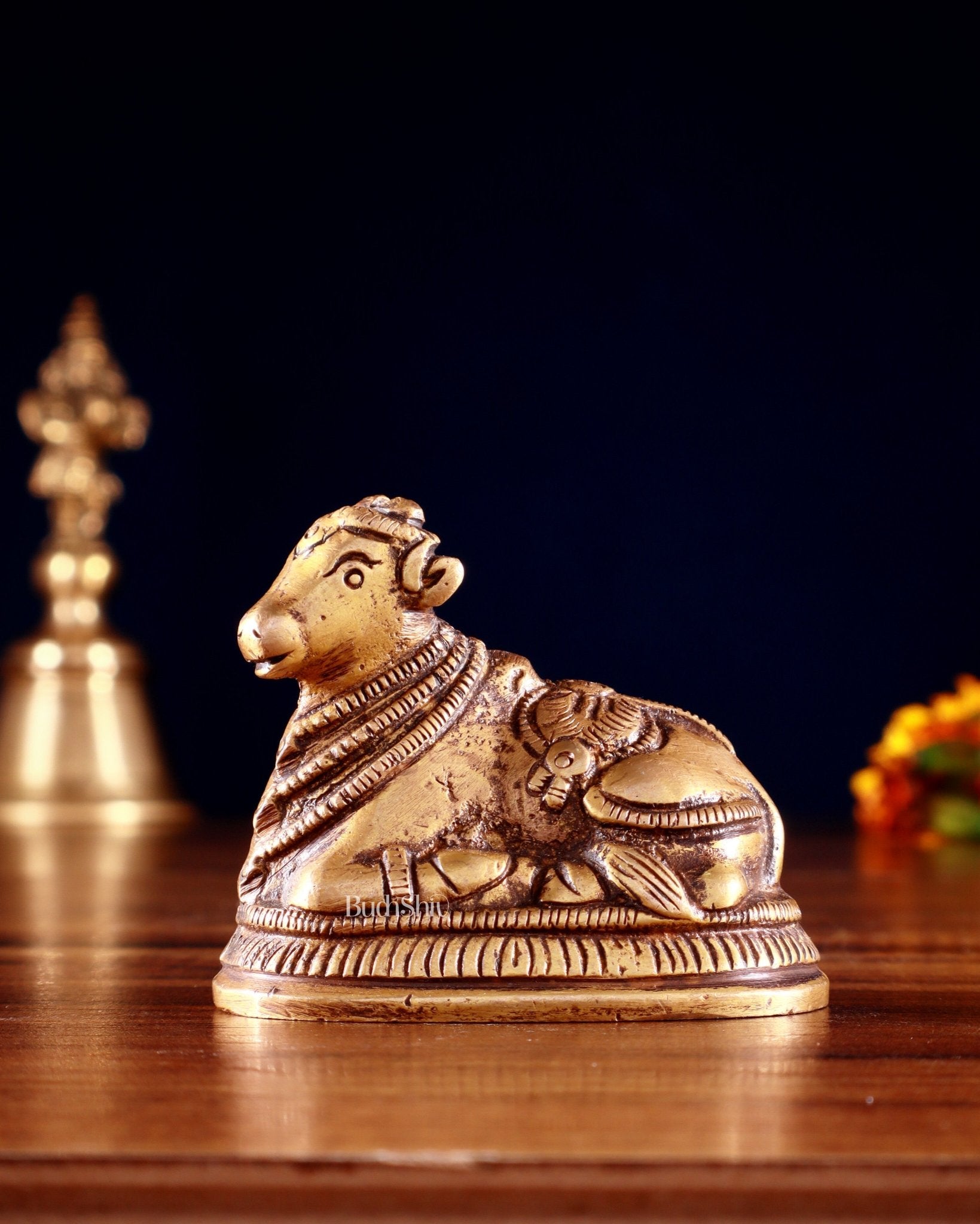 Pure Brass Miniature Nandi Idol | 2.2 - inch antique tone - Budhshiv.com