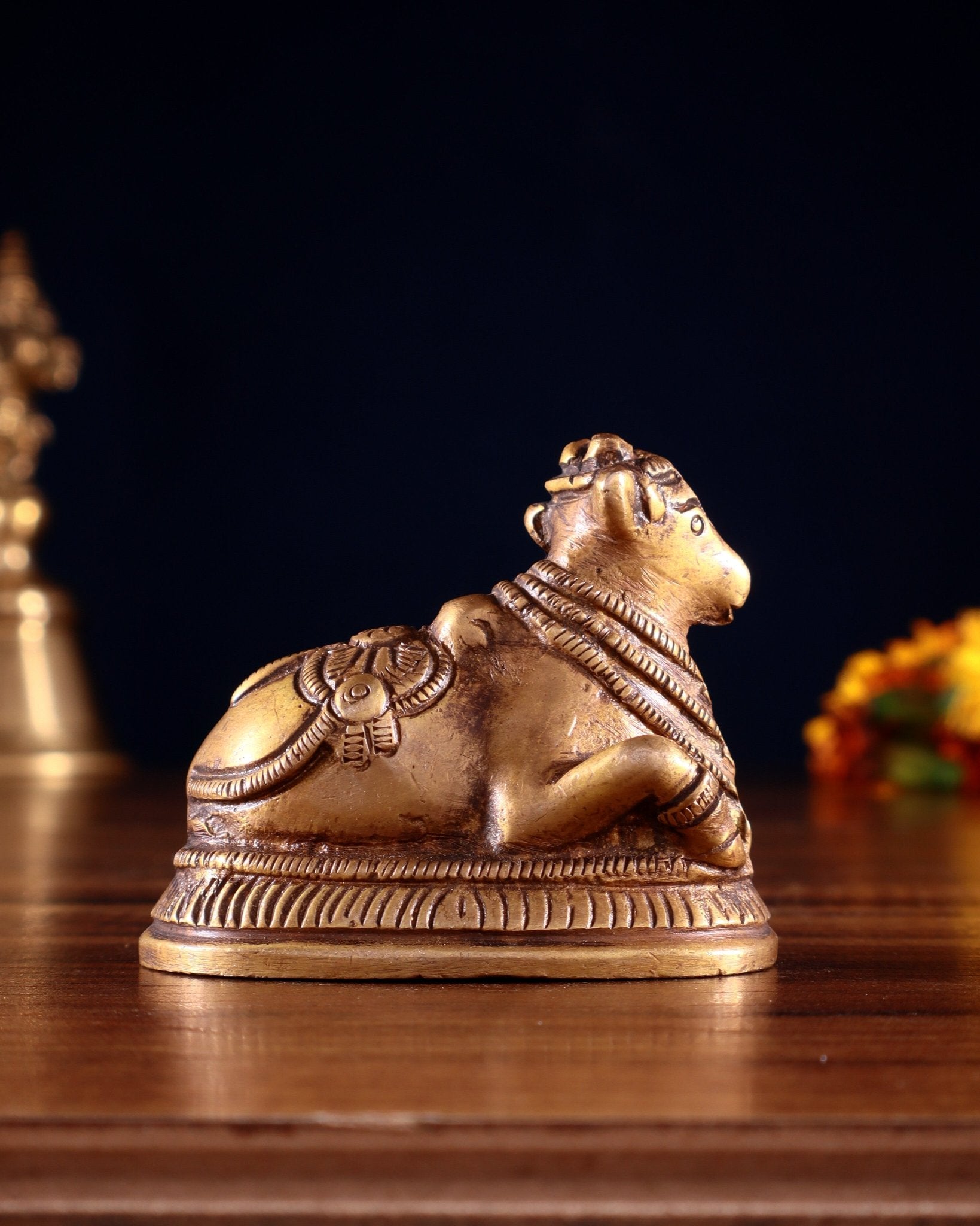 Pure Brass Miniature Nandi Idol | 2.2 - inch antique tone - Budhshiv.com