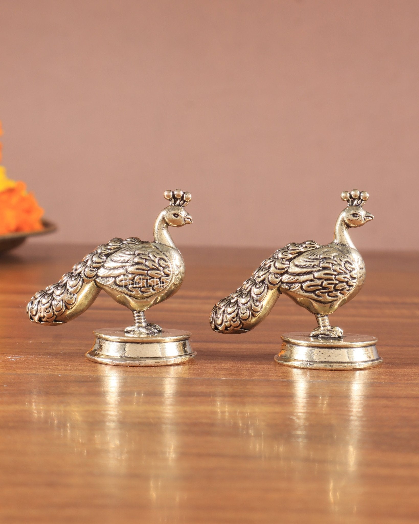Pure Brass Miniature Peacock Pair – 2" - Budhshiv.com