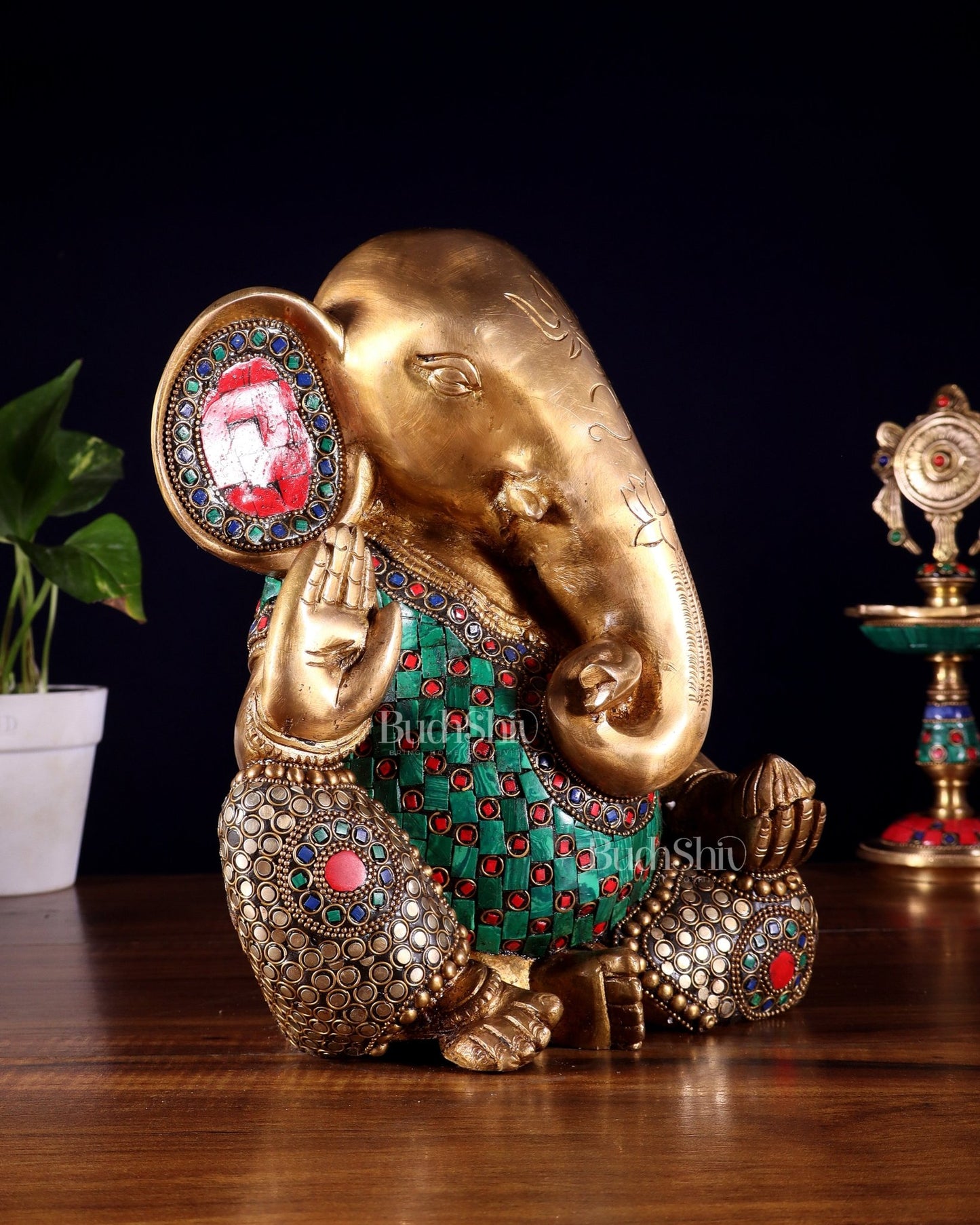 Pure Brass Modern Ganesha Idol with Abstract Design and Stonework 9.5" - Budhshiv.com