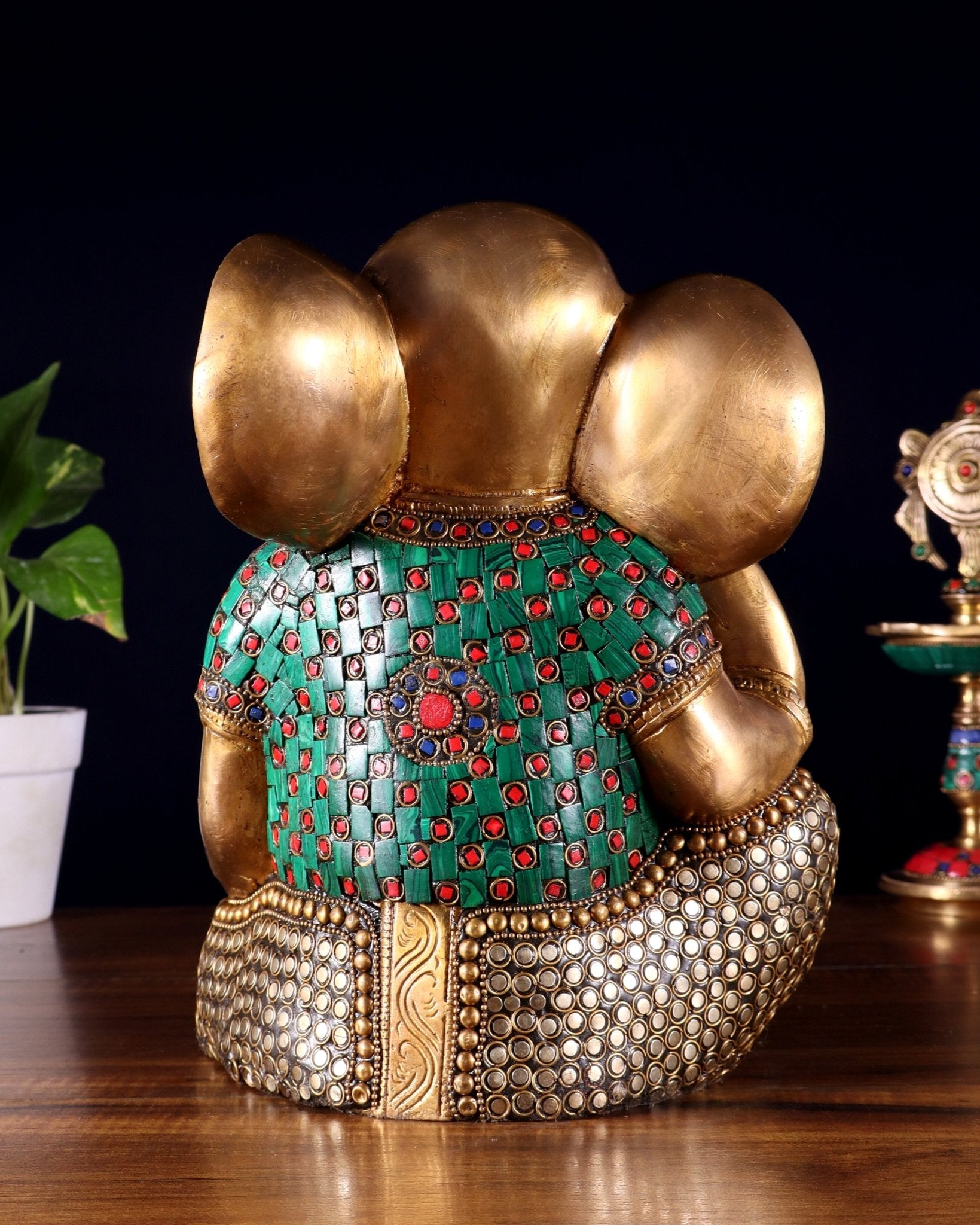 Pure Brass Modern Ganesha Idol with Abstract Design and Stonework 9.5" - Budhshiv.com