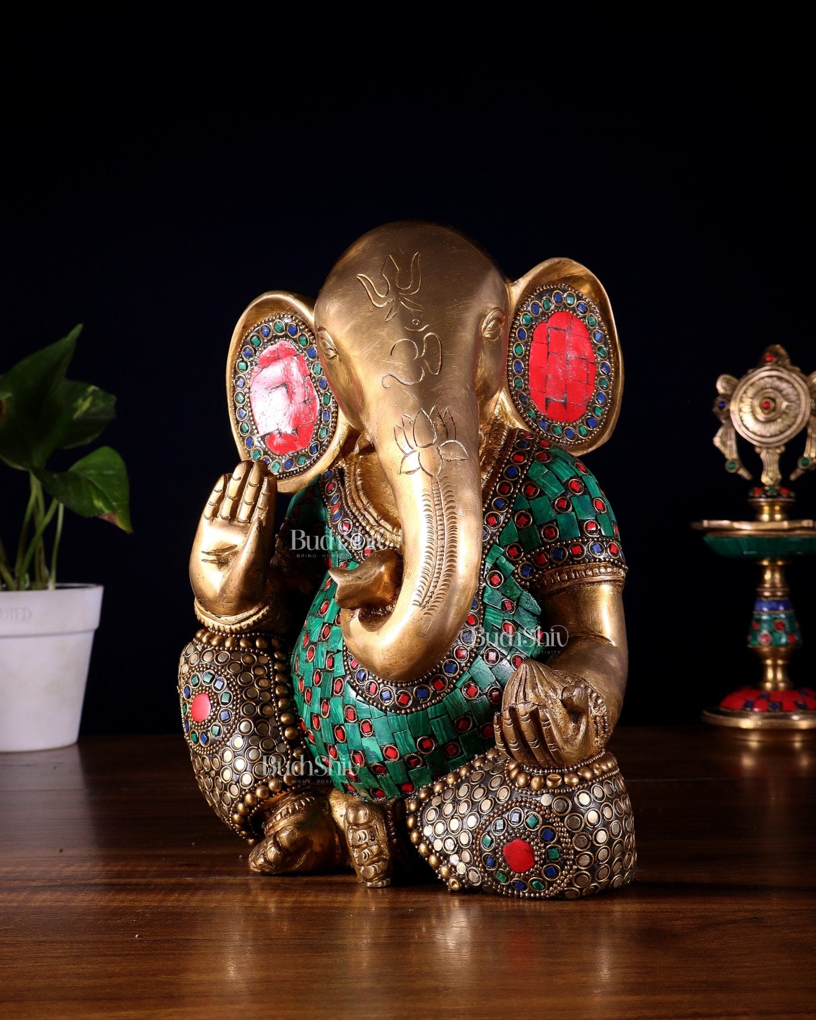 Pure Brass Modern Ganesha Idol with Abstract Design and Stonework 9.5" - Budhshiv.com