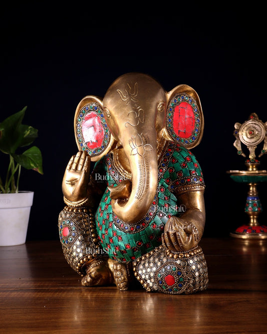 Pure Brass Modern Ganesha Idol with Abstract Design and Stonework 9.5" - Budhshiv.com