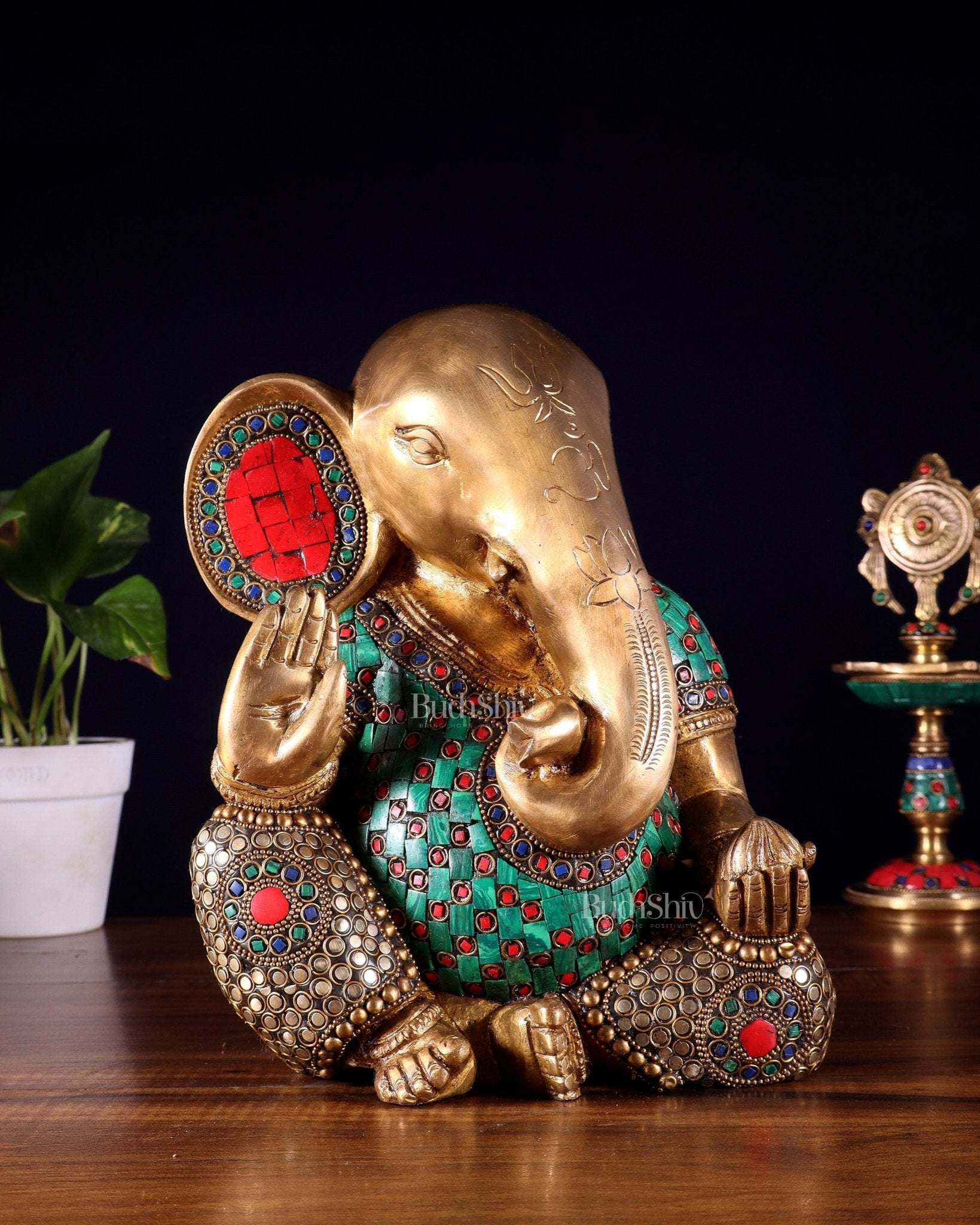 Pure Brass Modern Ganesha Idol with Abstract Design and Stonework 9.5" - Budhshiv.com