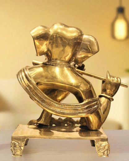 Pure Brass Modern Ganesha Playing Flute – Table Accent Sculpture (11 inch, 7.4 kg) - Budhshiv.com