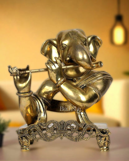 Pure Brass Modern Ganesha Playing Flute – Table Accent Sculpture (11 inch, 7.4 kg) - Budhshiv.com
