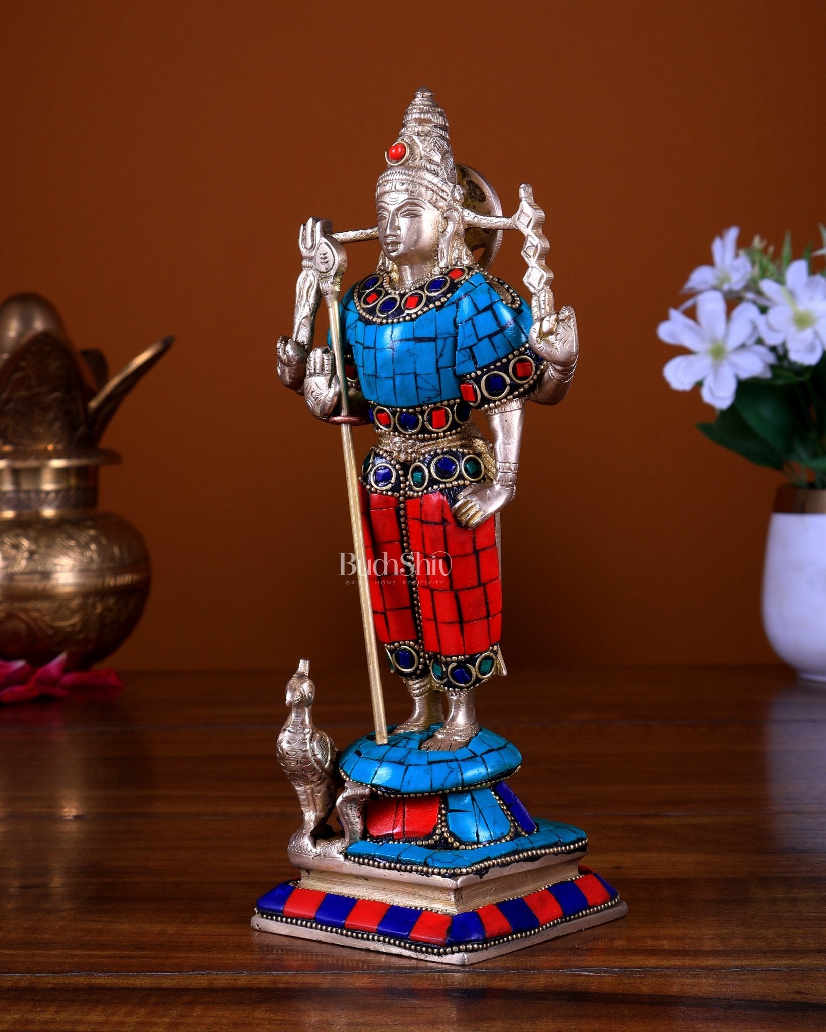 Pure Brass Murugan Swamy Idol 8 inch with Stonework - Budhshiv.com