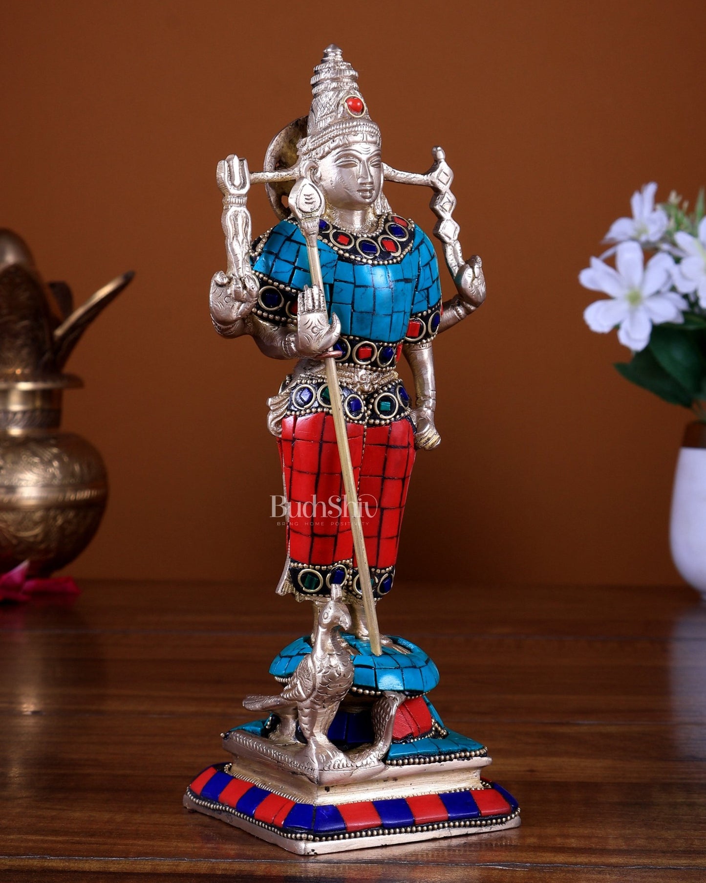 Pure Brass Murugan Swamy Idol 8 inch with Stonework - Budhshiv.com