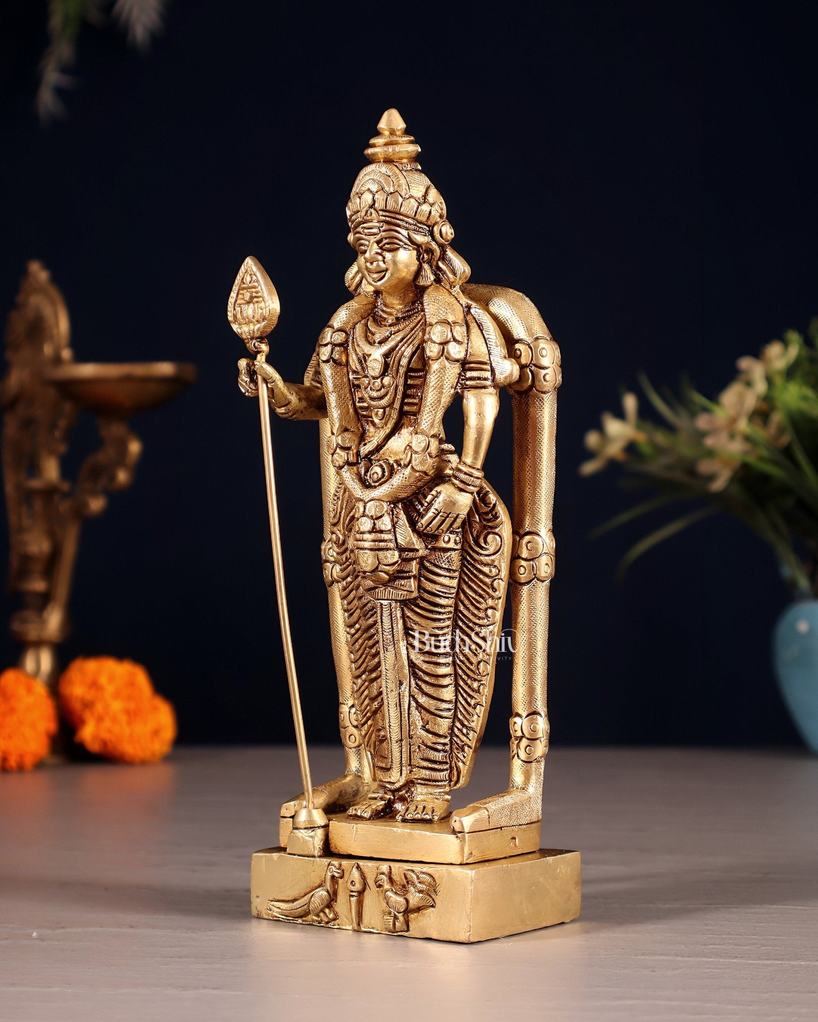 Pure Brass Murugan Swamy Kartikeya Idol – 7" Superfine Carvings - Budhshiv.com