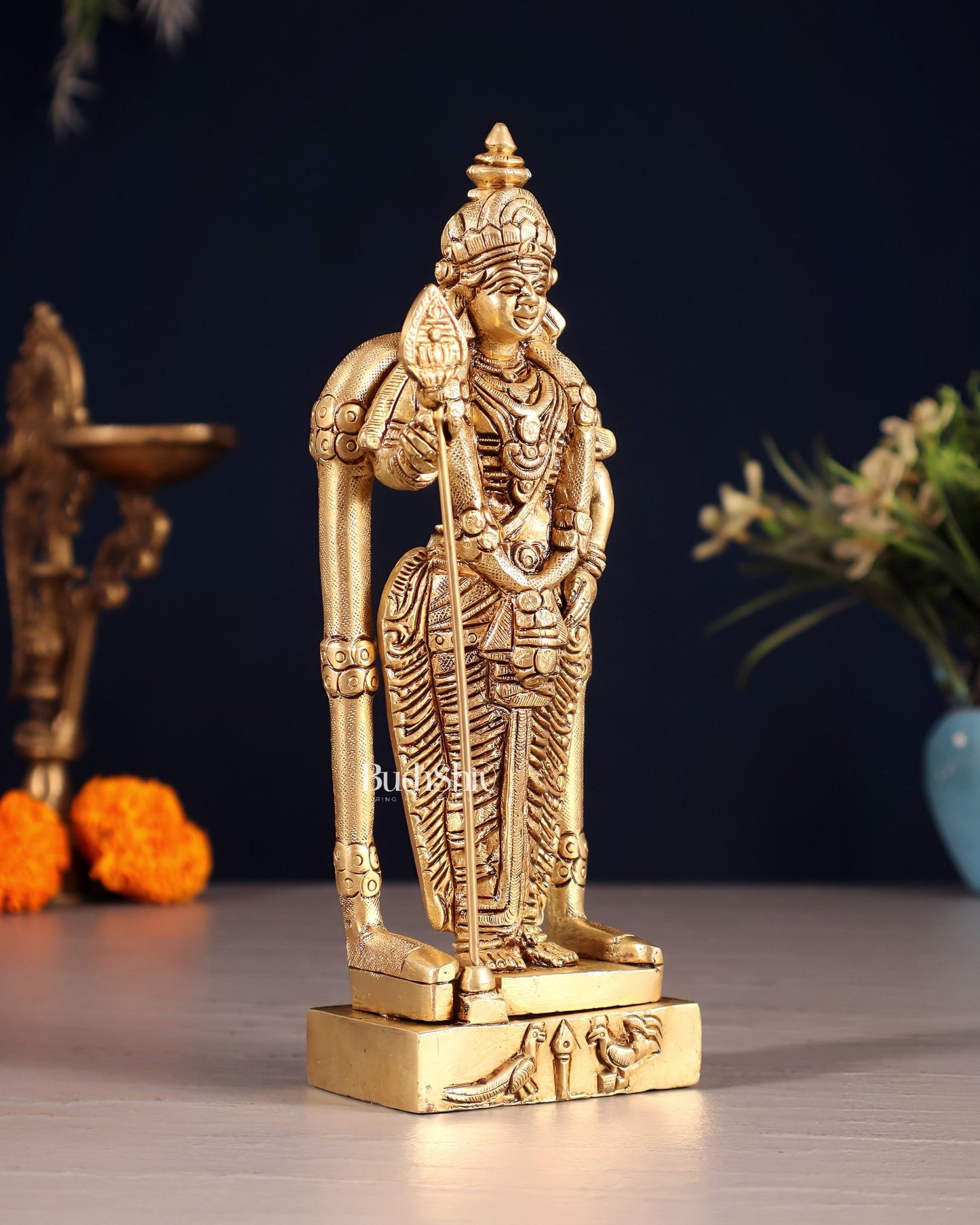 Pure Brass Murugan Swamy Kartikeya Idol – 7" Superfine Carvings - Budhshiv.com