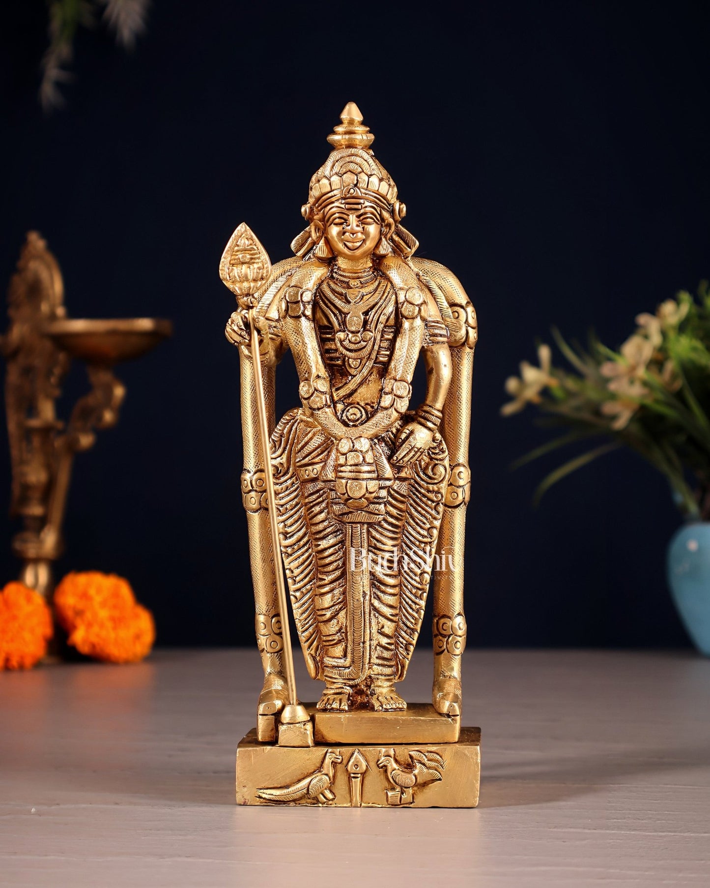 Pure Brass Murugan Swamy Kartikeya Idol – 7" Superfine Carvings - Budhshiv.com