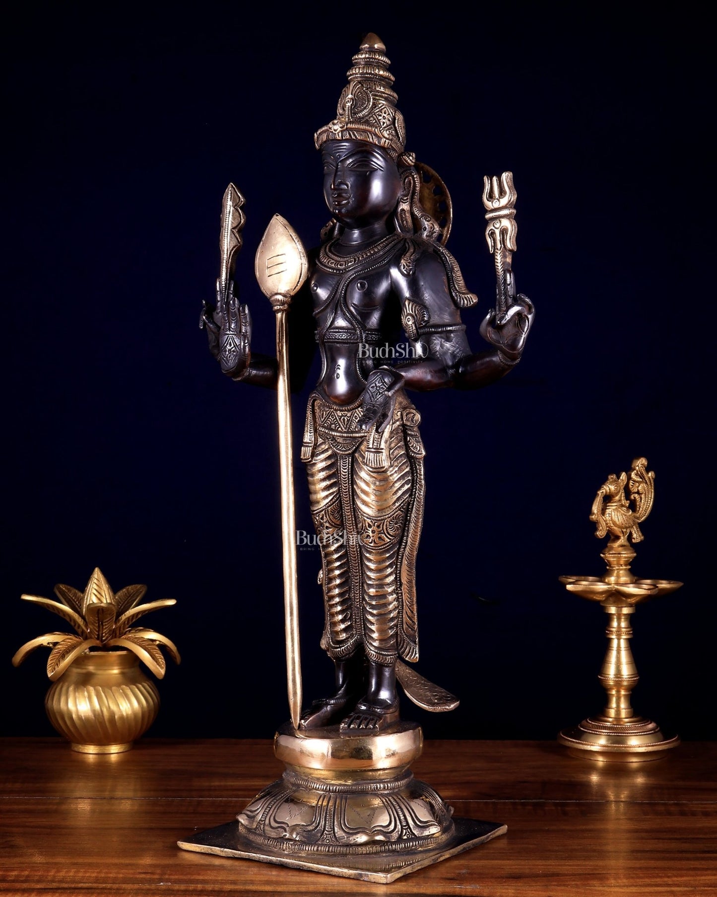 Pure Brass Murugan Swamy / Kartikeya Statue – Black & Gold Finish 18 inch - Budhshiv.com