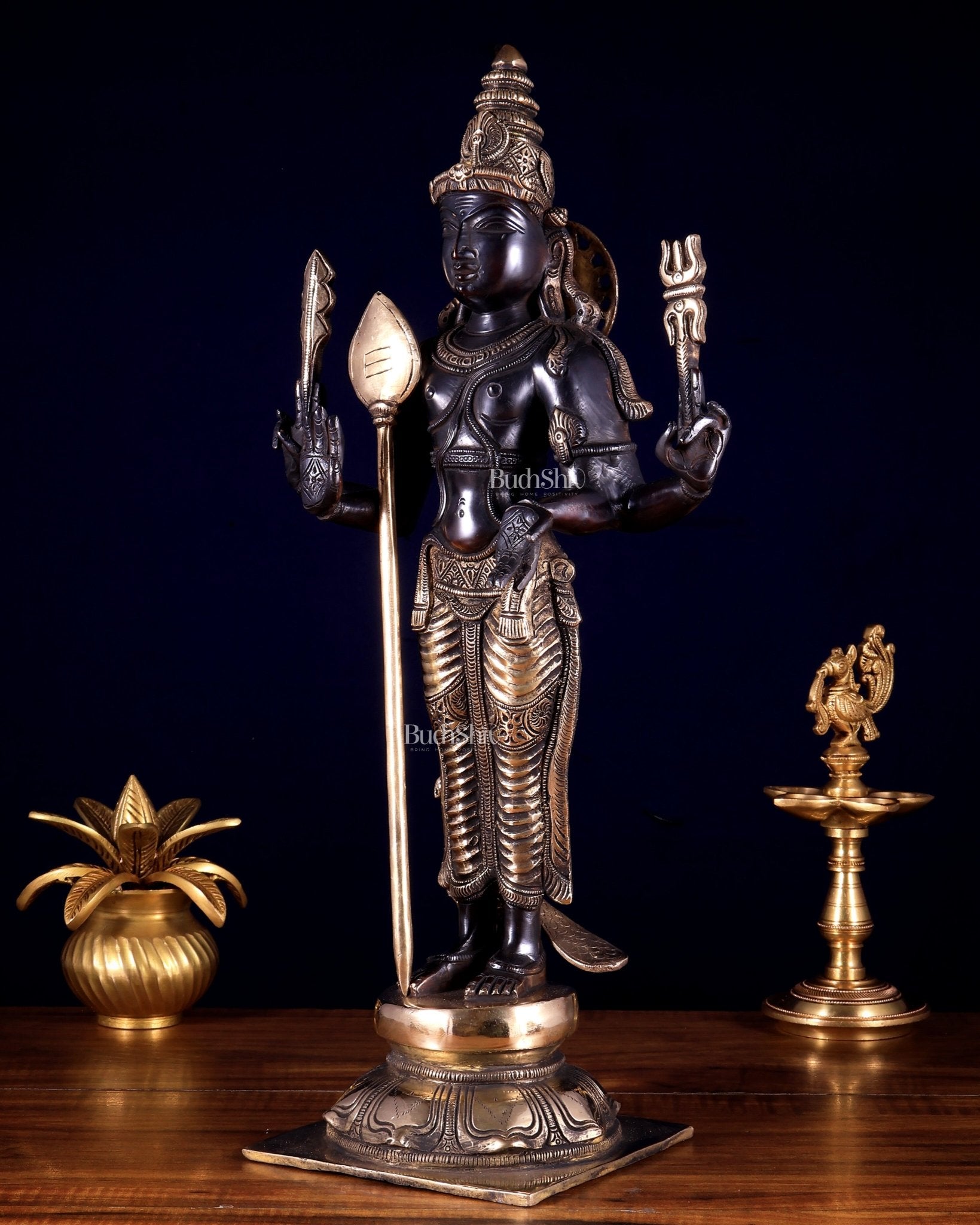 Pure Brass Murugan Swamy / Kartikeya Statue – Black & Gold Finish 18 inch - Budhshiv.com