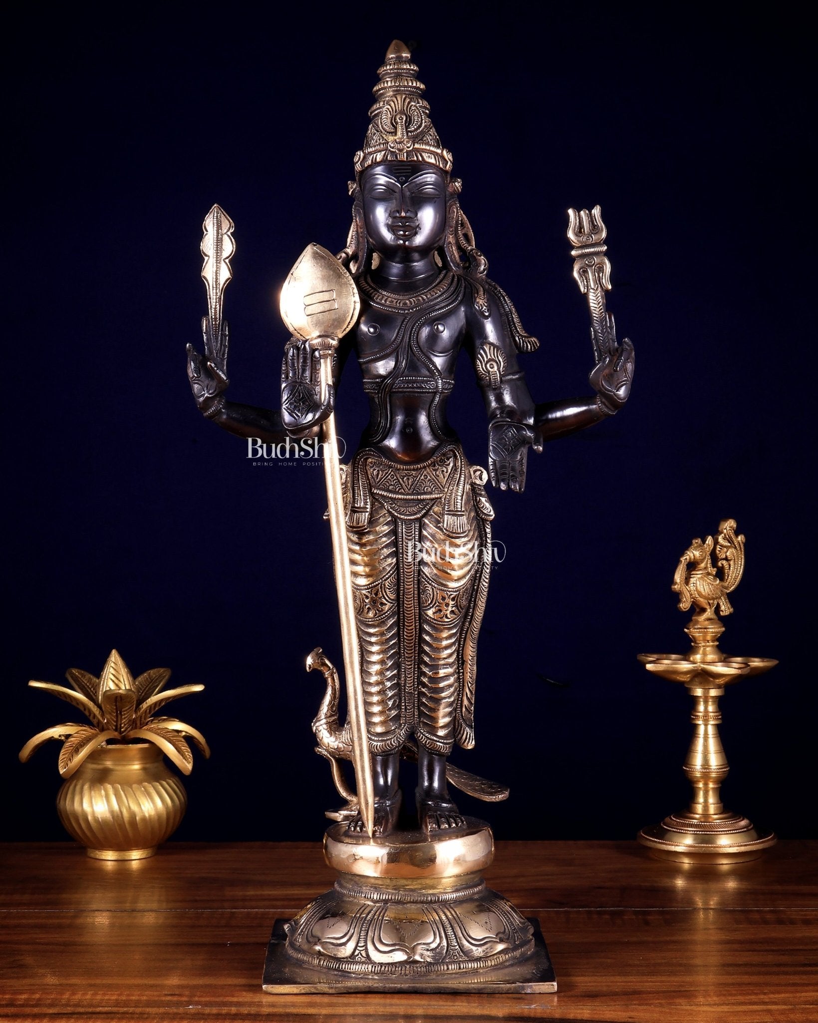 Pure Brass Murugan Swamy / Kartikeya Statue – Black & Gold Finish 18 inch - Budhshiv.com