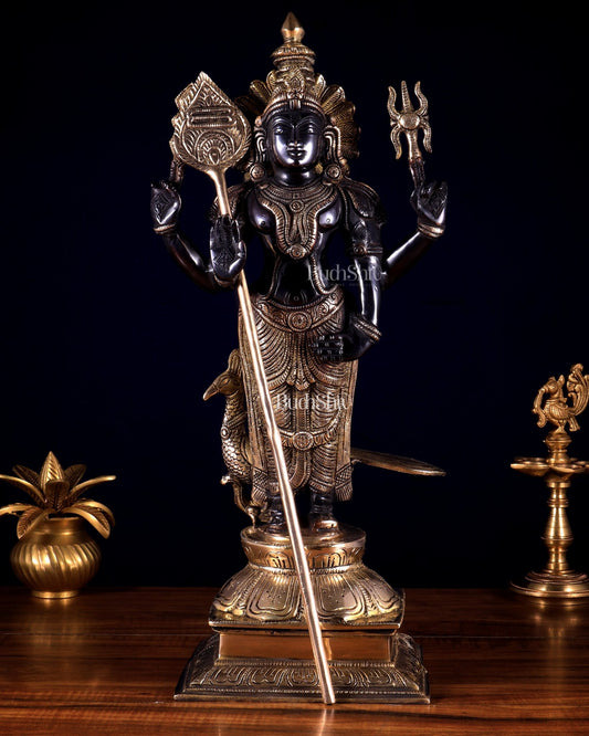 Pure Brass Murugan Swamy / Kartikeya Statue – Black & Gold Finish 18 inch - Budhshiv.com