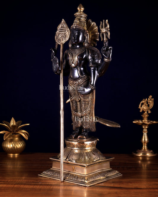 Pure Brass Murugan Swamy / Kartikeya Statue – Black & Gold Finish 18 inch - Budhshiv.com