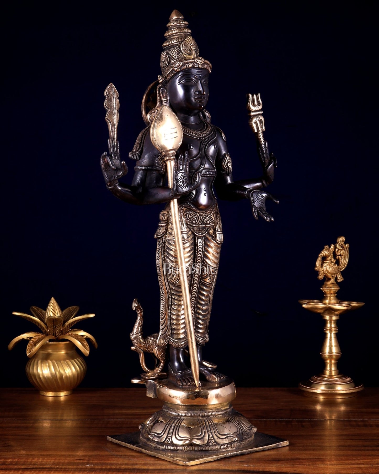 Pure Brass Murugan Swamy / Kartikeya Statue – Black & Gold Finish 18 inch - Budhshiv.com