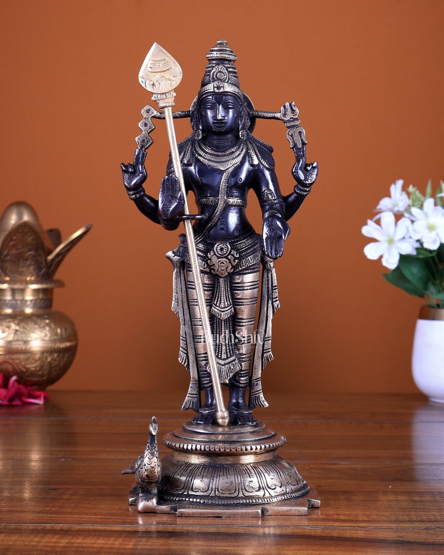 Pure Brass Murugan Swamy Statue 10.5 inch black finish - Budhshiv.com
