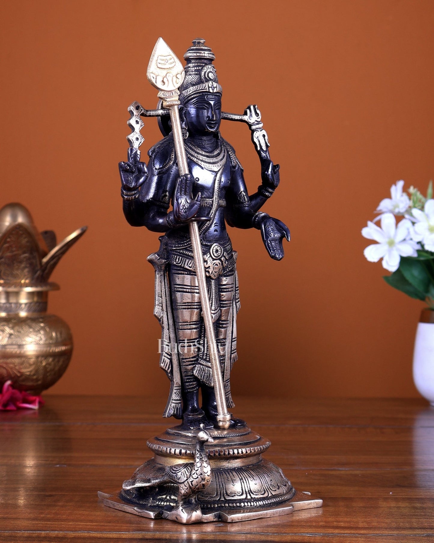 Pure Brass Murugan Swamy Statue 10.5 inch black finish - Budhshiv.com