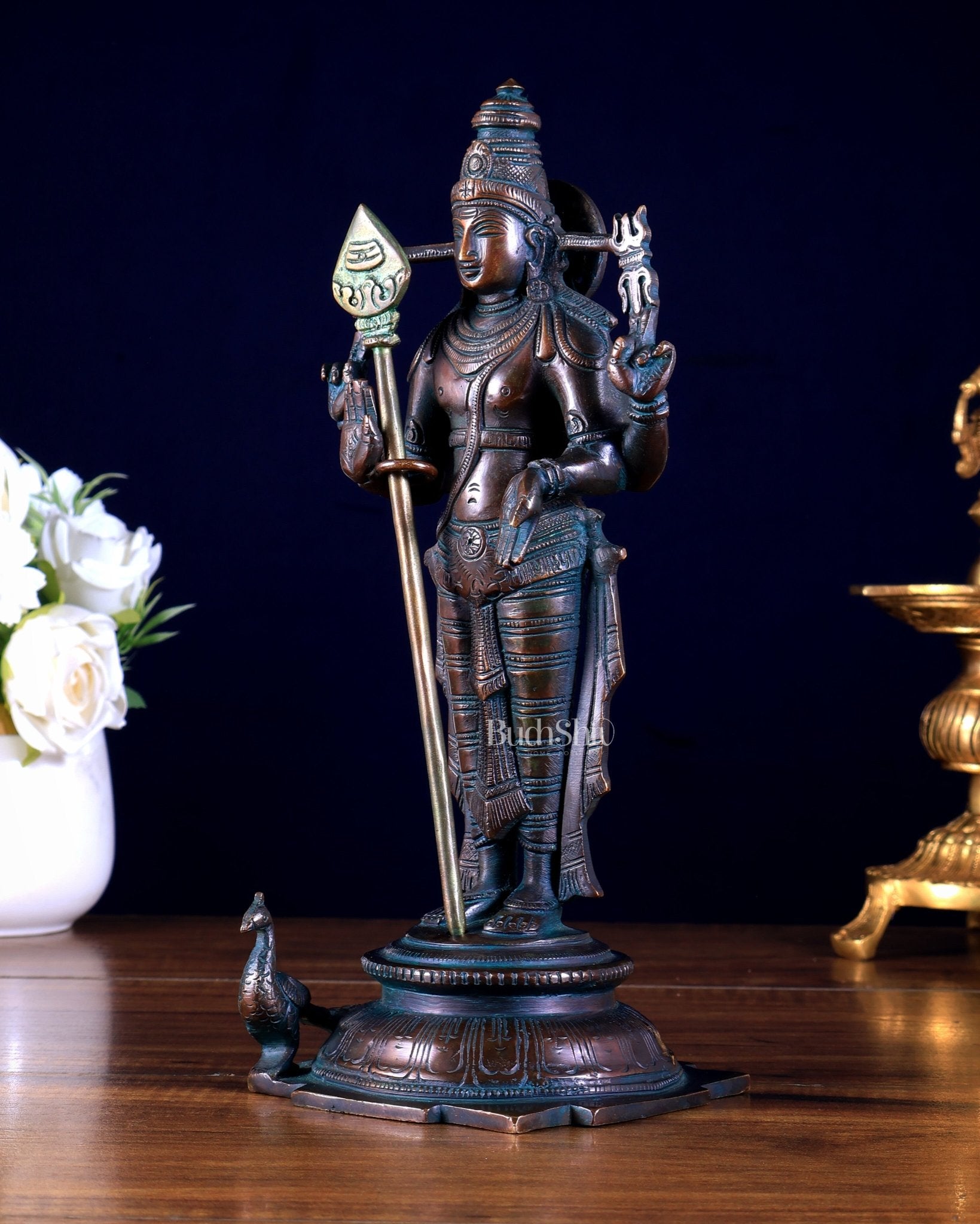 Pure Brass Murugan Swamy Statue bronze tone 10.5" - Budhshiv.com