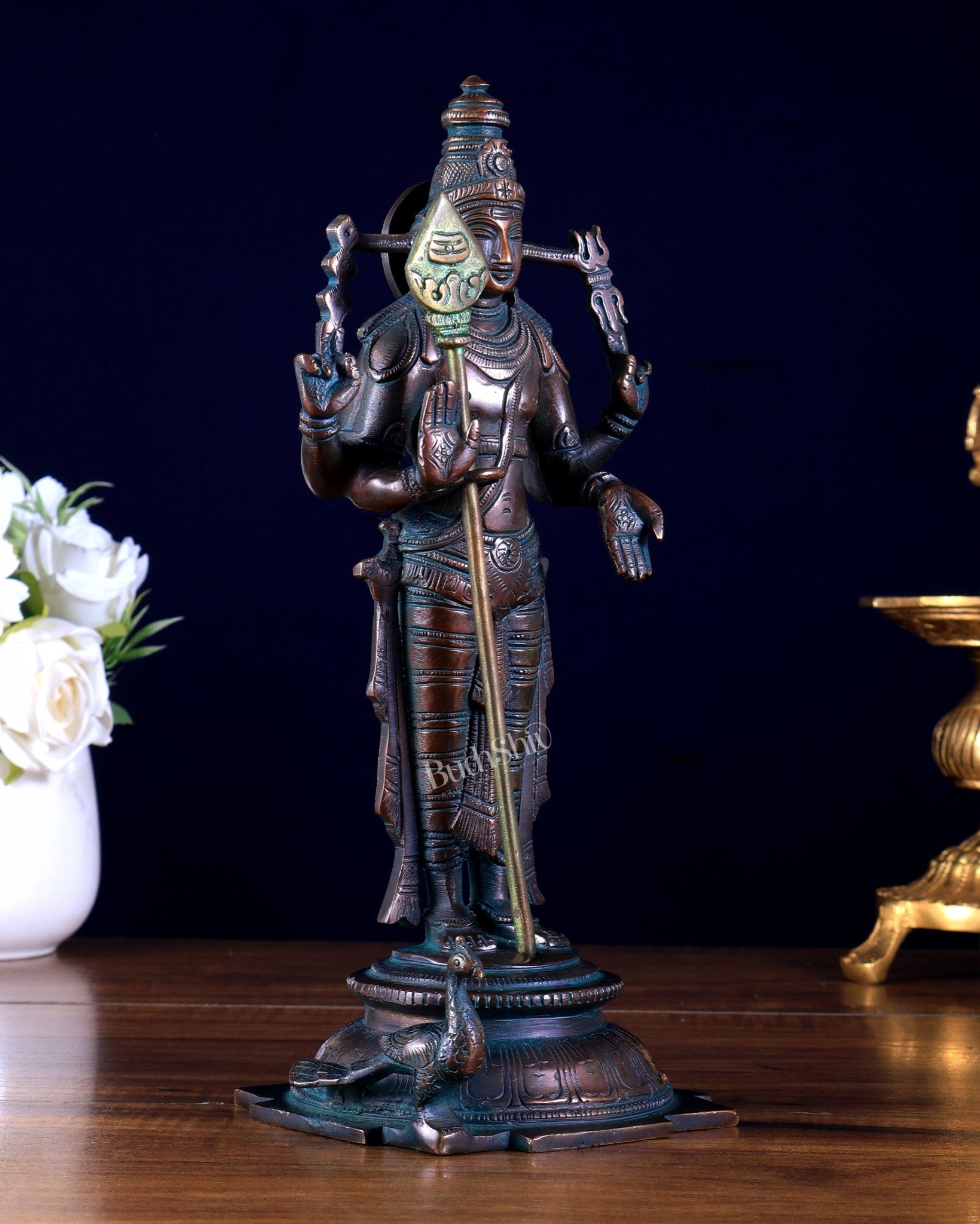 Pure Brass Murugan Swamy Statue bronze tone 10.5" - Budhshiv.com