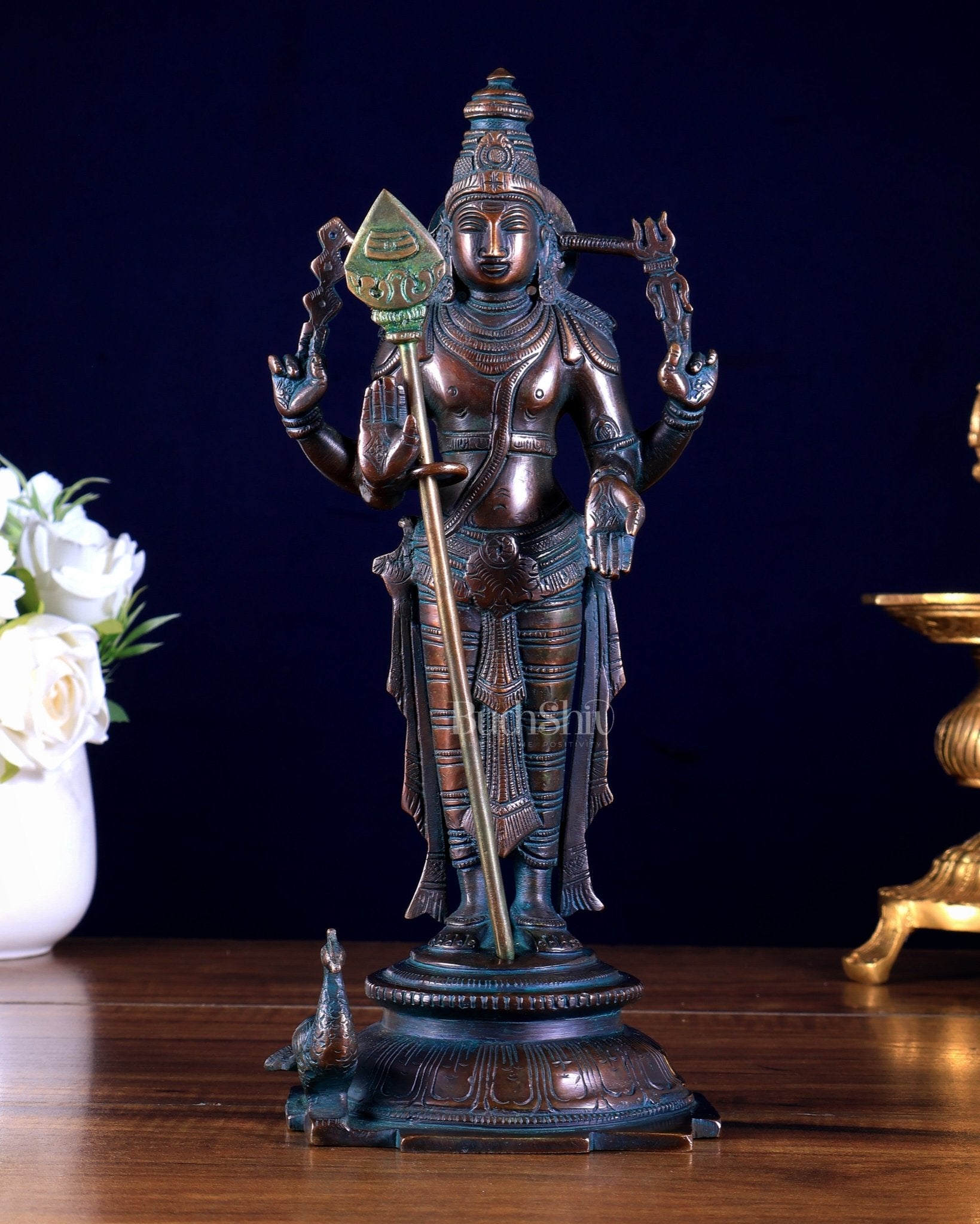 Pure Brass Murugan Swamy Statue bronze tone 10.5" - Budhshiv.com