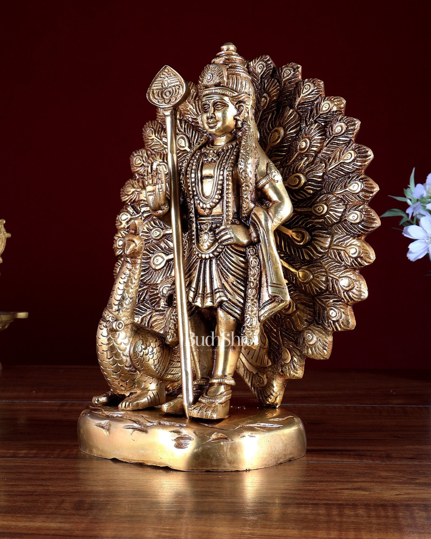 Pure Brass Murugan Swamy with Peacock Idol 9 inch - Budhshiv.com