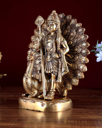Pure Brass Murugan Swamy with Peacock Idol 9 inch - Budhshiv.com