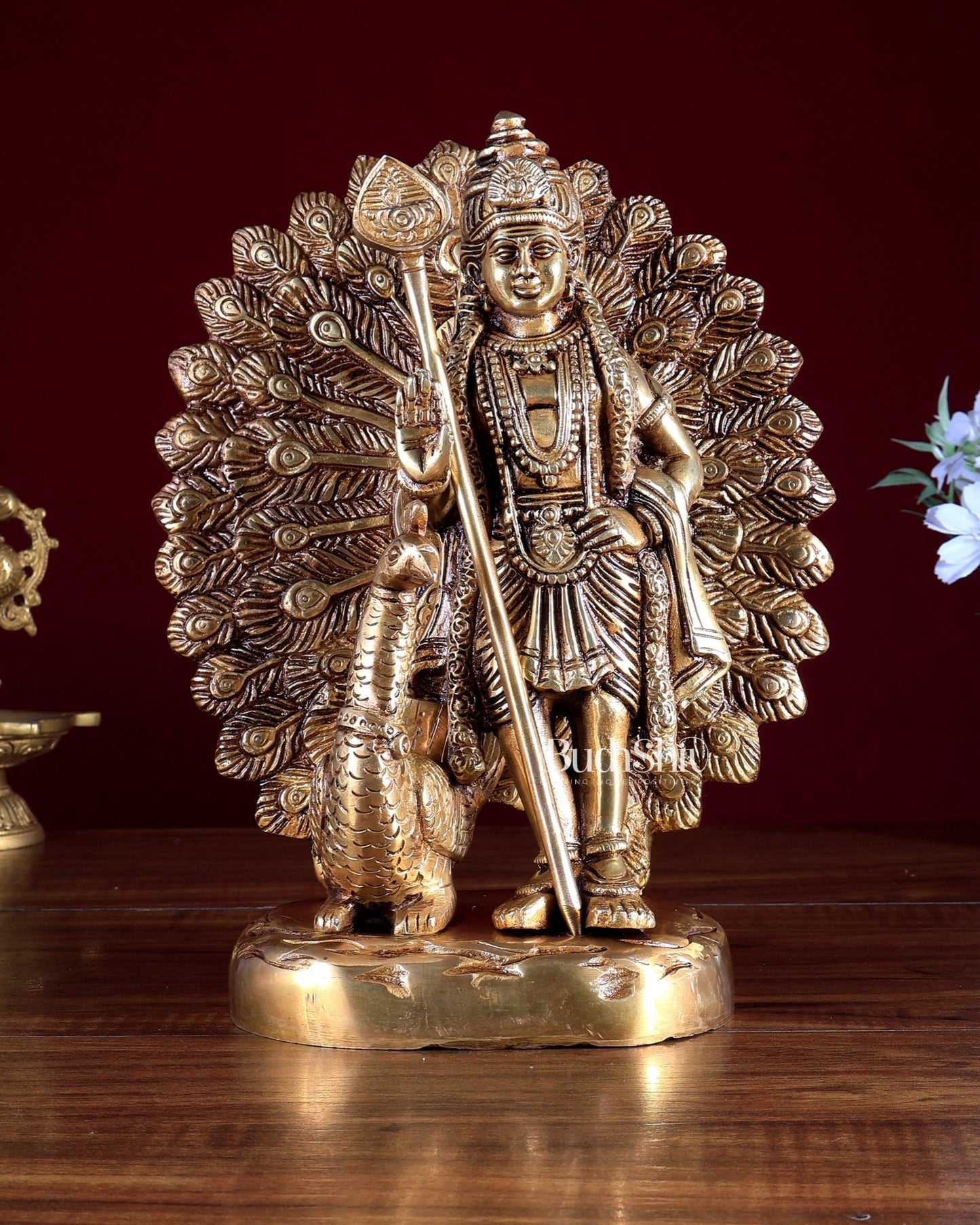 Pure Brass Murugan Swamy with Peacock Idol 9 inch - Budhshiv.com