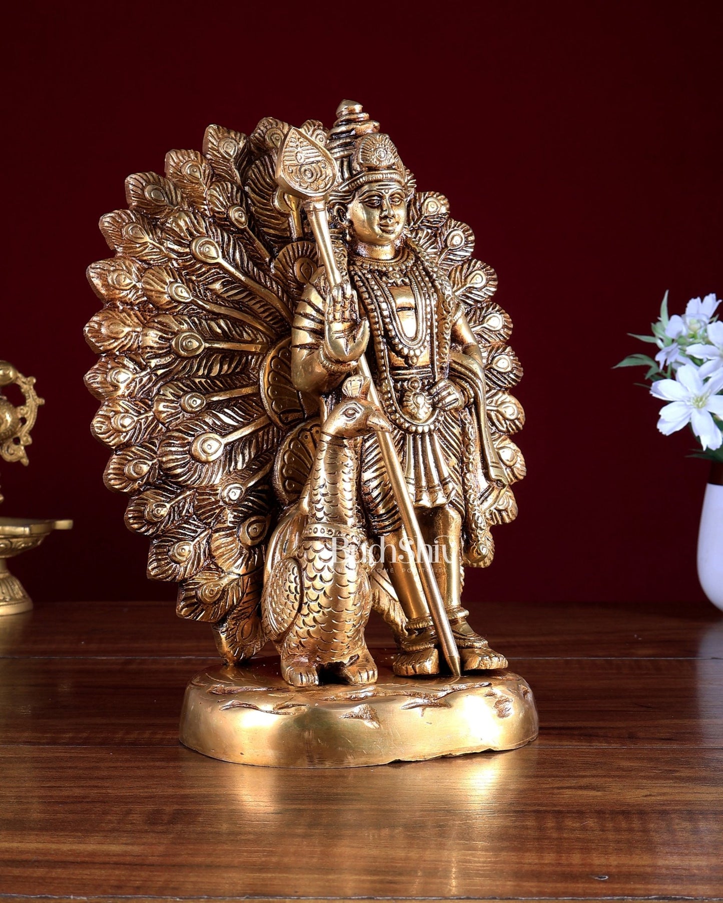 Pure Brass Murugan Swamy with Peacock Idol 9 inch - Budhshiv.com