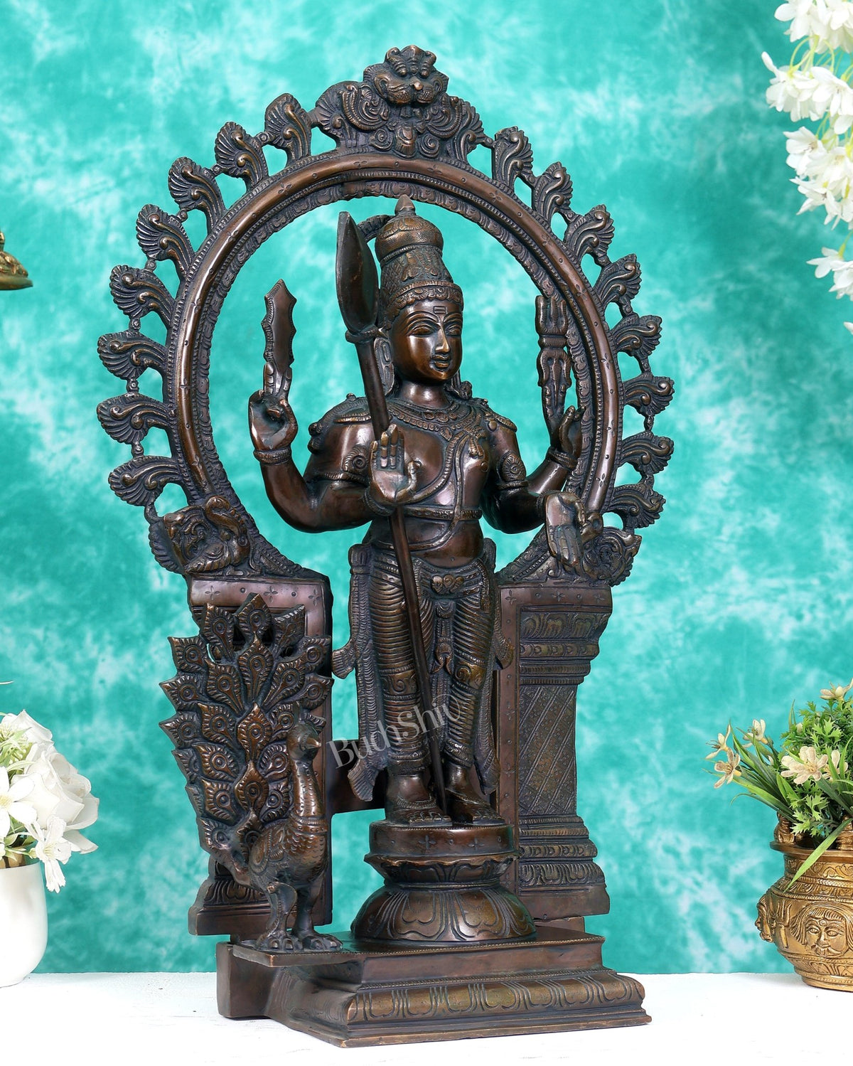 Pure Brass Murugan with Prabhavali Arch 23 inch bronze tone - Budhshiv.com