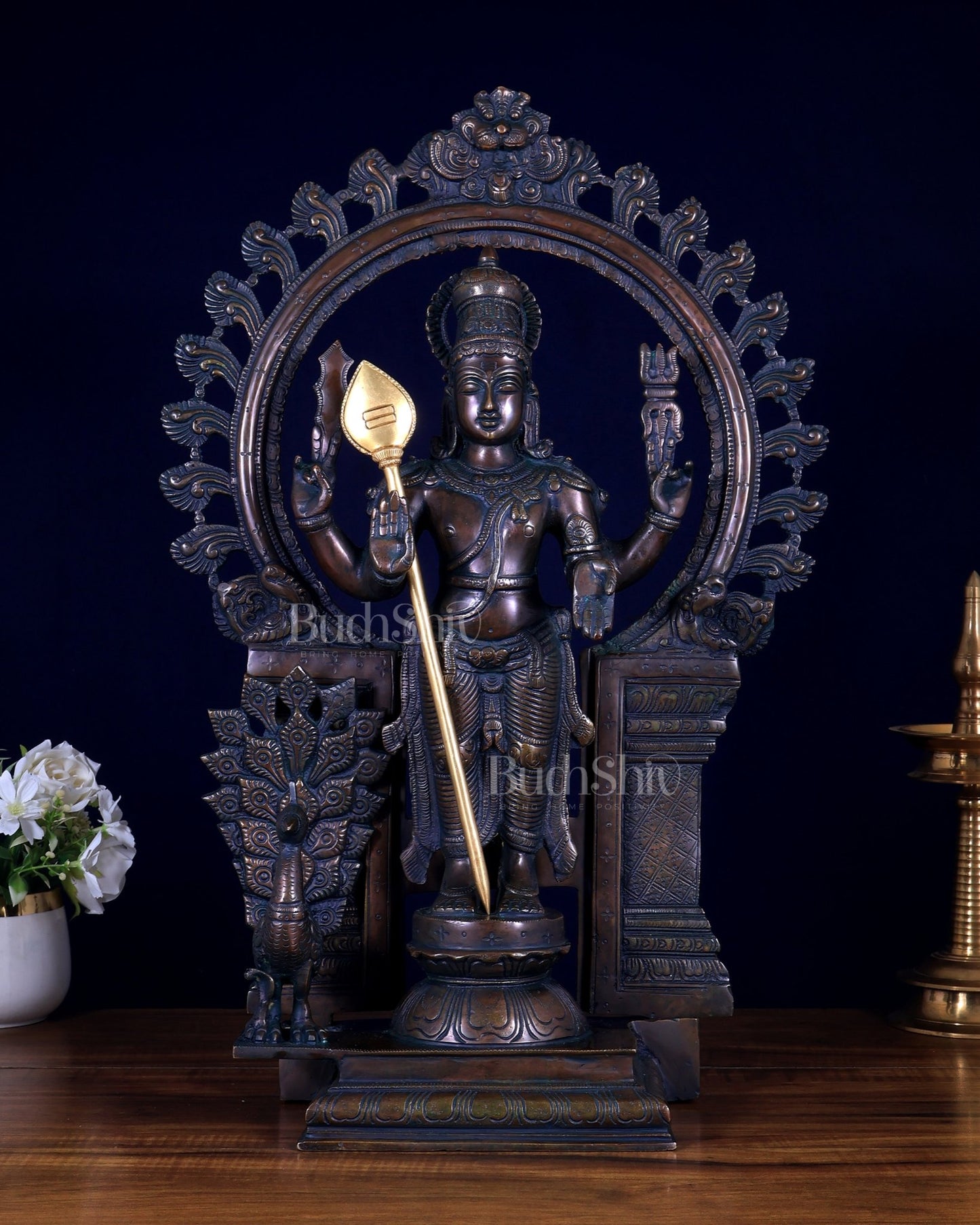 Pure Brass Murugan with Prabhavali Arch 23 inch bronze tone - Budhshiv.com