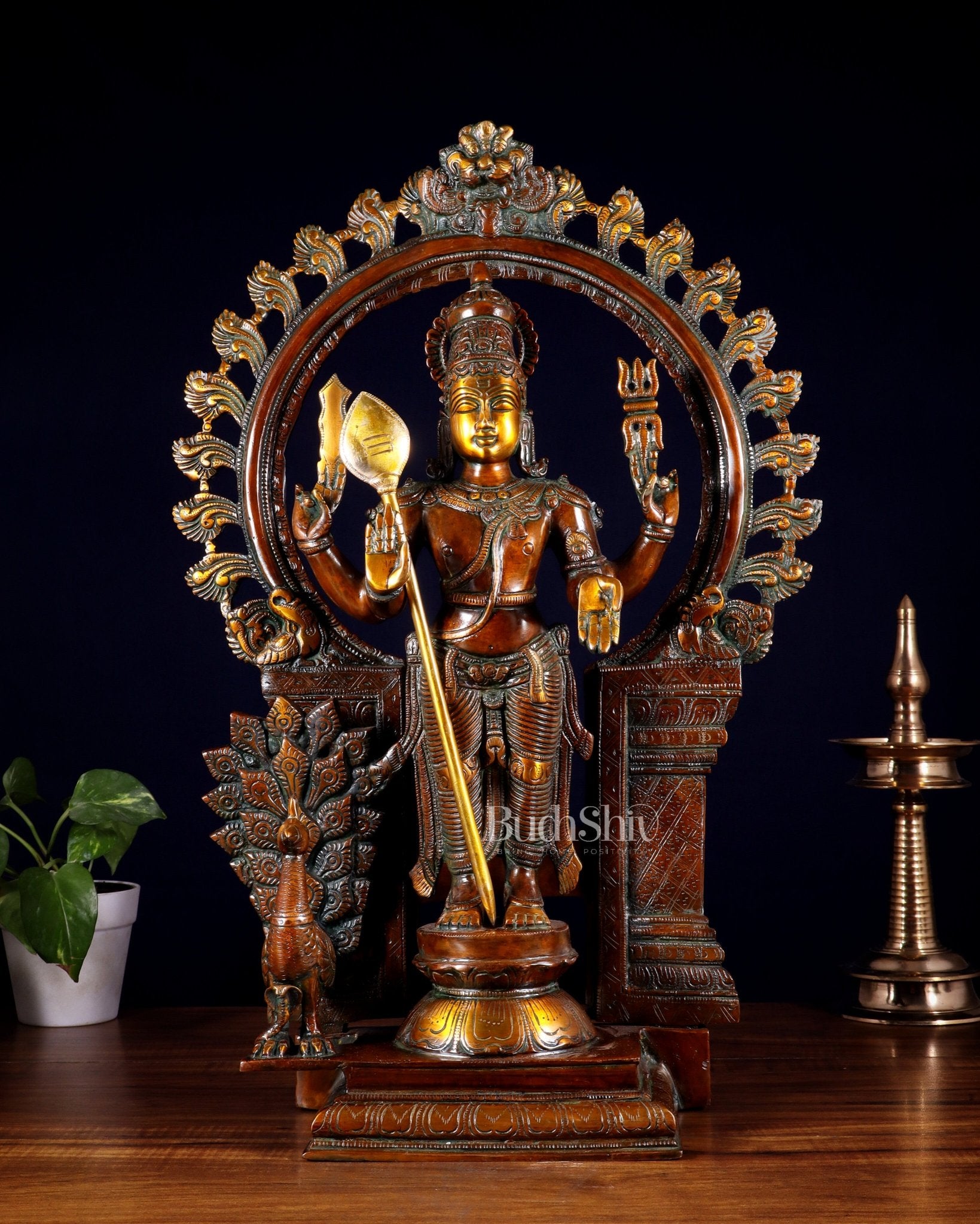 Pure Brass Murugan with Thiruvachi Prabhavali Arch 23 inch Double Chola Tone - Budhshiv.com