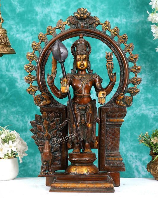 Pure Brass Murugan with Thiruvachi Prabhavali Arch 23 inch Double Chola Tone - Budhshiv.com