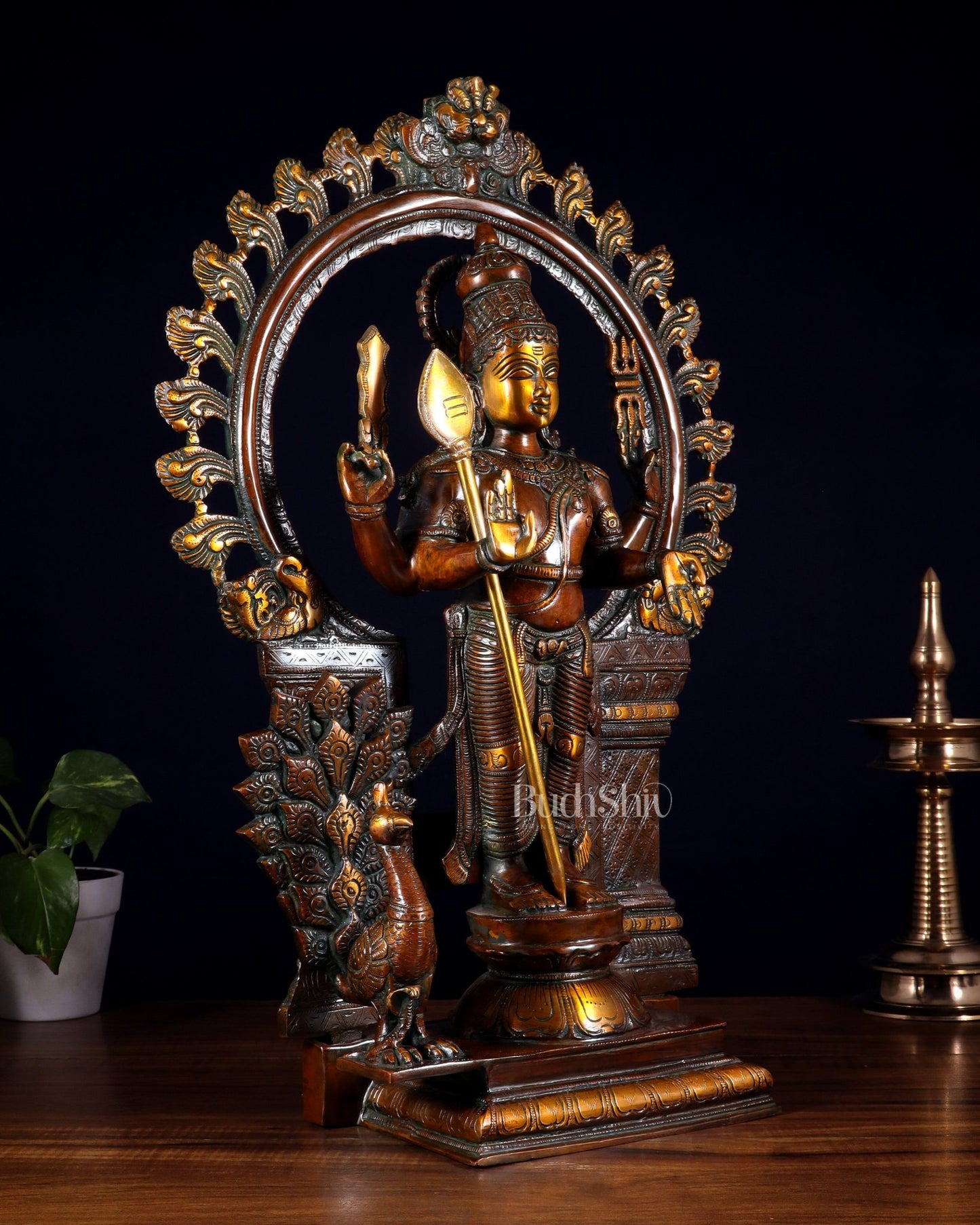 Pure Brass Murugan with Thiruvachi Prabhavali Arch 23 inch Double Chola Tone - Budhshiv.com