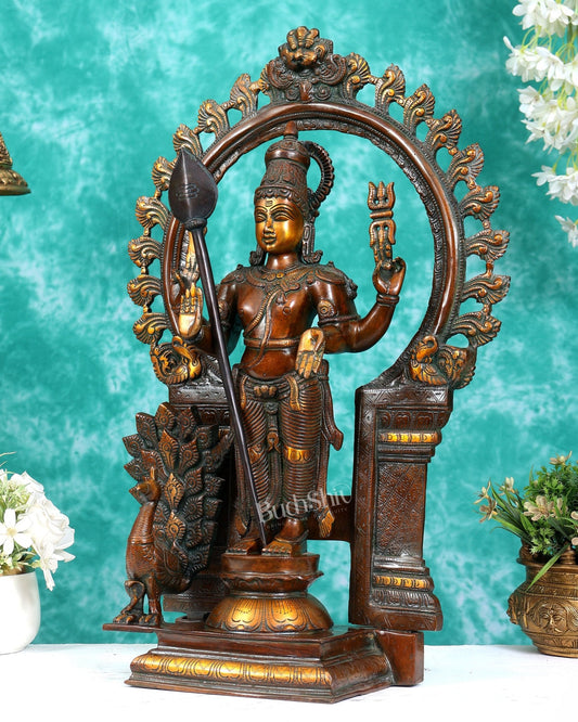 Pure Brass Murugan with Thiruvachi Prabhavali Arch 23 inch Double Chola Tone - Budhshiv.com