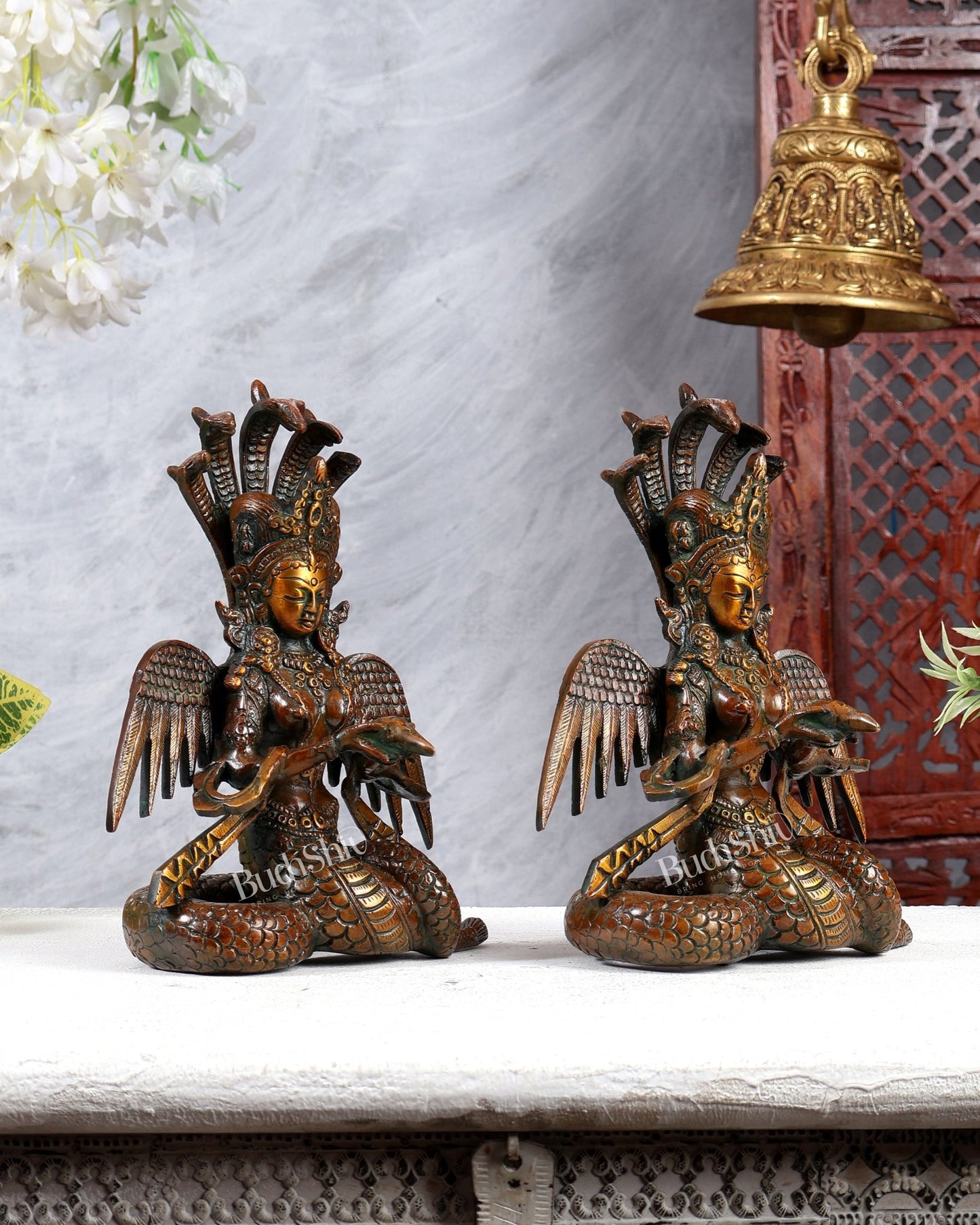 Pure Brass Naga Kanya Idol – Chola Tone Finish 8.5" pair - Budhshiv.com