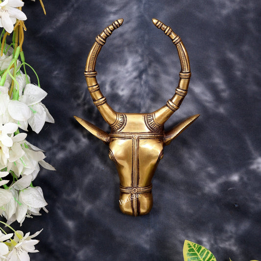 Pure Brass Nandi Bull Face Wall Hanging — Auspicious Wall Décor 9.8 inch - Budhshiv.com