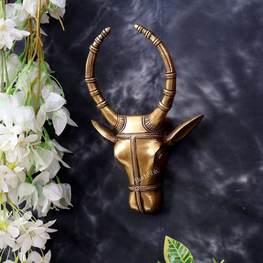 Pure Brass Nandi Bull Face Wall Hanging — Auspicious Wall Décor 9.8 inch - Budhshiv.com