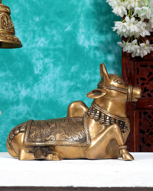 Pure Brass Nandi Bull Statue with Unique Lotus Carvings 10 inch - Budhshiv.com