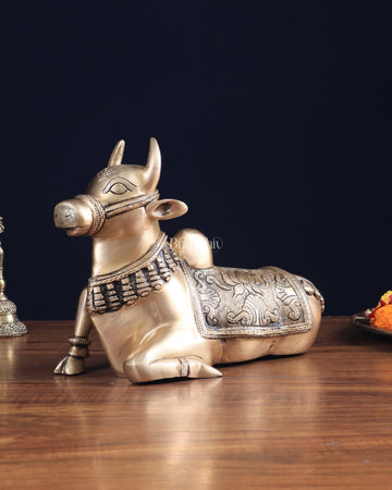 Pure Brass Nandi Bull Statue with Unique Lotus Carvings 10" - Budhshiv.com