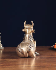 Pure Brass Nandi Bull Statue with Unique Lotus Carvings 10" - Budhshiv.com