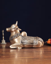 Pure Brass Nandi Bull Statue with Unique Lotus Carvings 10" - Budhshiv.com