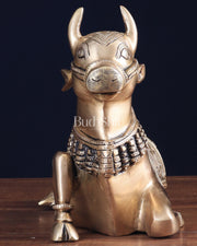 Pure Brass Nandi Bull Statue with Unique Lotus Carvings 10" - Budhshiv.com