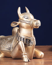 Pure Brass Nandi Bull Statue with Unique Lotus Carvings 10" - Budhshiv.com
