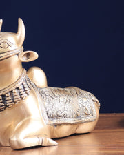 Pure Brass Nandi Bull Statue with Unique Lotus Carvings 10" - Budhshiv.com